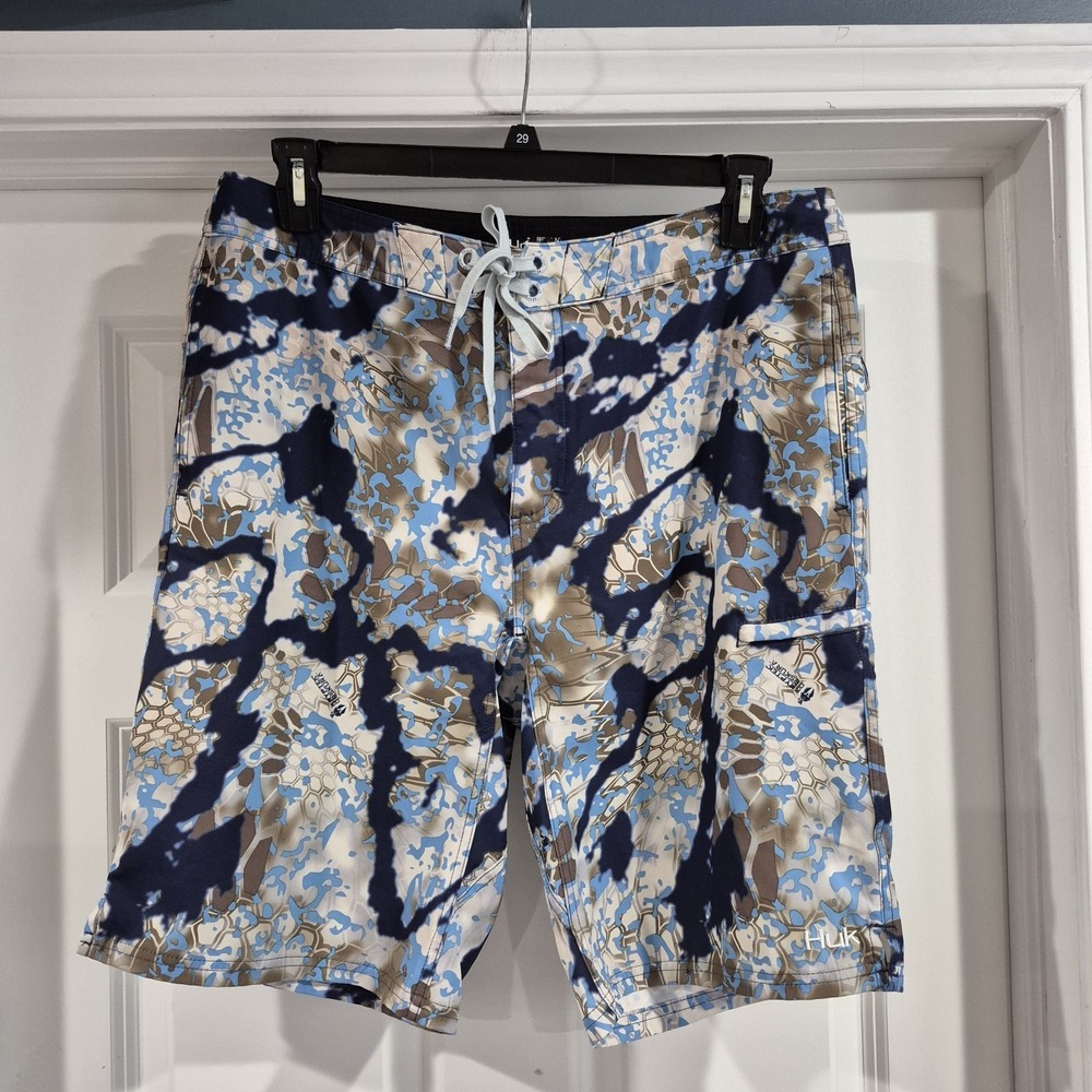 Huk Board Shorts Mens 34 Tan Blue Camo Kryptek Performance Fishing Swim Trunks